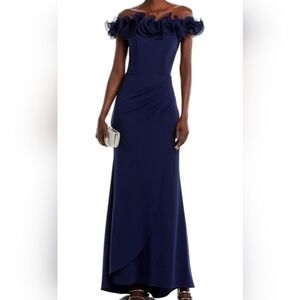 NEW! Xscape Ruffled Off The Shoulder Navy Blue Gown